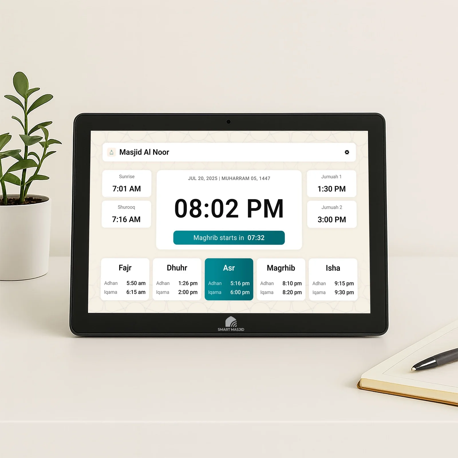 Smart Masjid Home device showing prayer times on a home desk