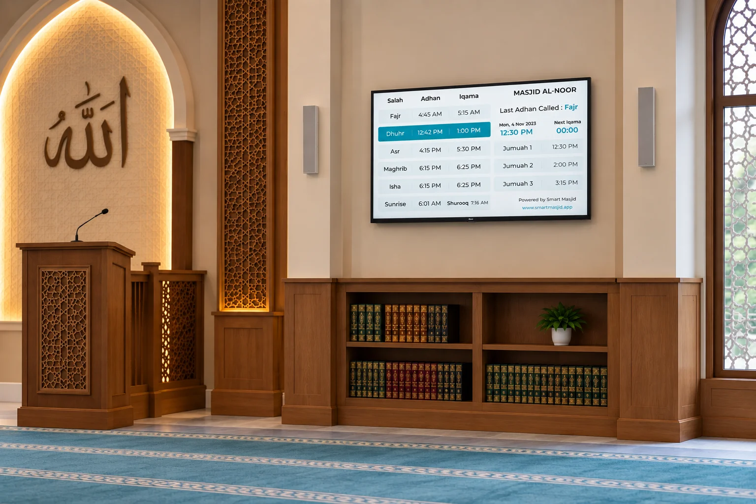 Smart Masjid TV display showing prayer times in a masjid